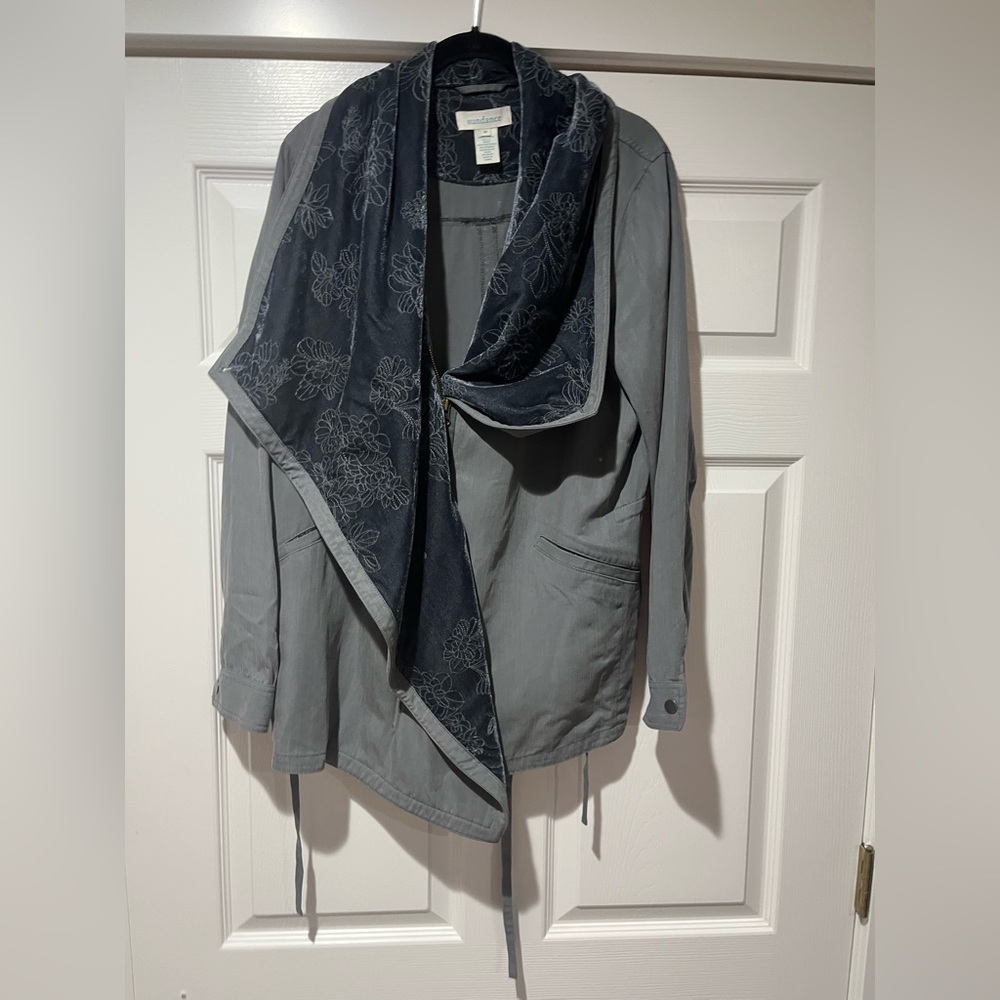 Sundance Sabille Blue Gray Utility Jacket with Velvet Floral Detail